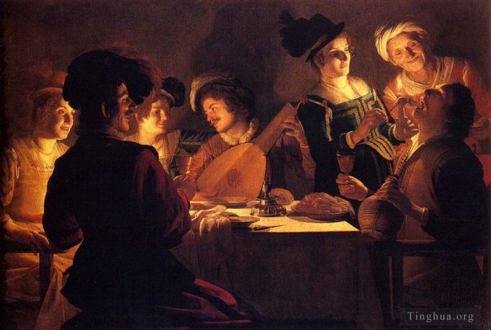 Gerard van Honthorst Oil Painting - Supper With The Minstrel And His Lute