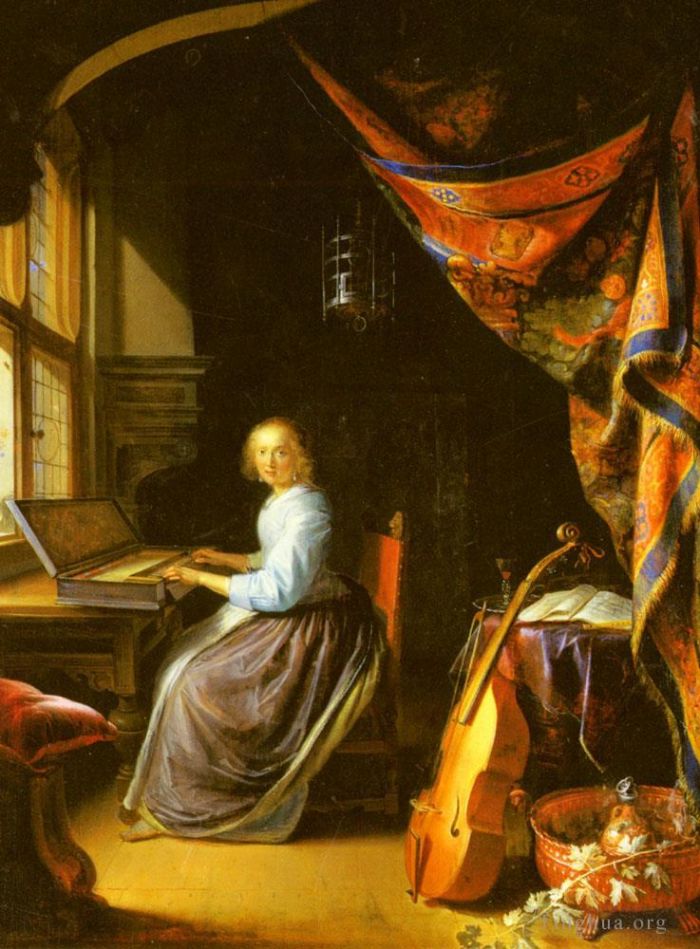 Gerrit Dou Oil Painting - A Woman Playing A Clavichord