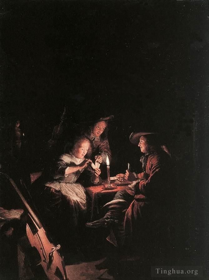 Gerrit Dou Oil Painting - Cardplayers at Candlelight