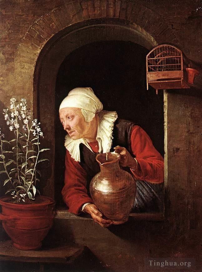 Gerrit Dou Oil Painting - Old Woman Watering Flowers