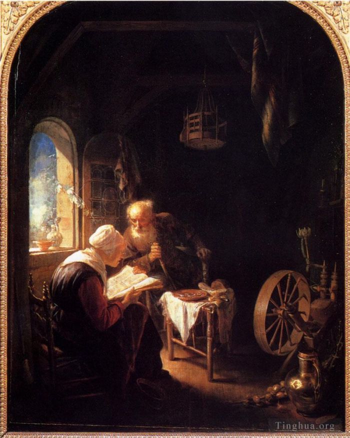 Gerrit Dou Oil Painting - The Bible Lesson Or Anne And Thomas