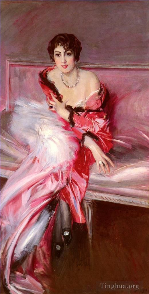 Giovanni Boldini Oil Painting - Portrait Of Madame Juillard In Red