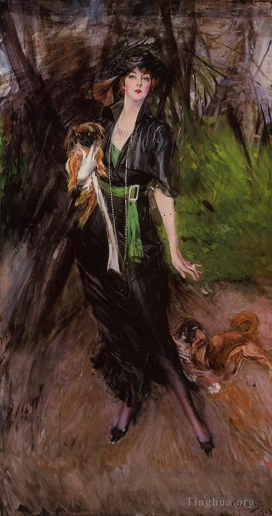 Giovanni Boldini Oil Painting - Portrait of a Lady Lina Bilitis with Two Pekinese