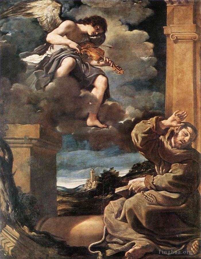 Guercino Oil Painting - St Francis with an Angel Playing Violin
