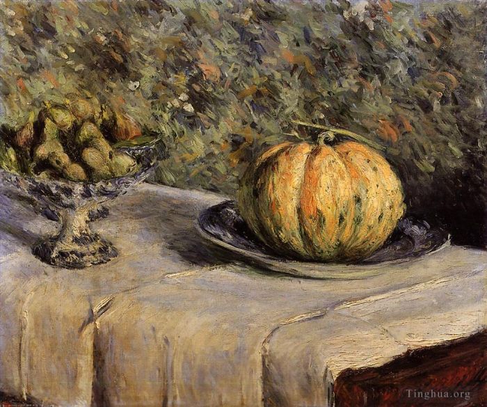 Gustave Caillebotte Oil Painting - Melon and Bowl of Figs still life 188still life