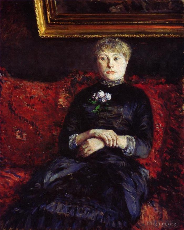 Gustave Caillebotte Oil Painting - Woman Sitting on a Red Flowered Sofa
