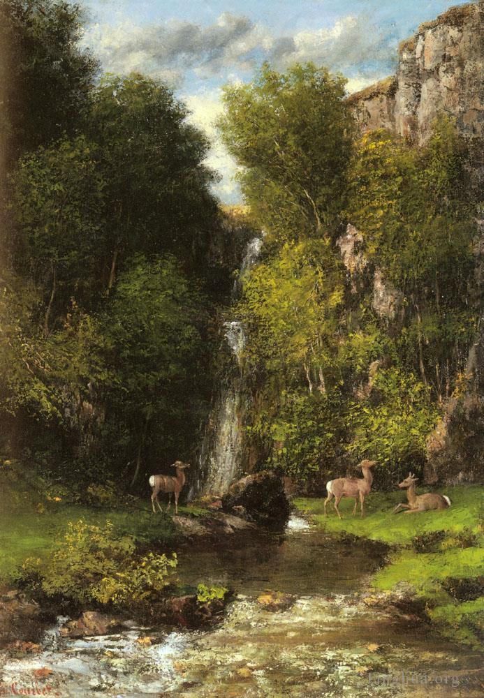 Gustave Courbet Oil Painting - A Family Of Deer In A Landscape With A Waterfall