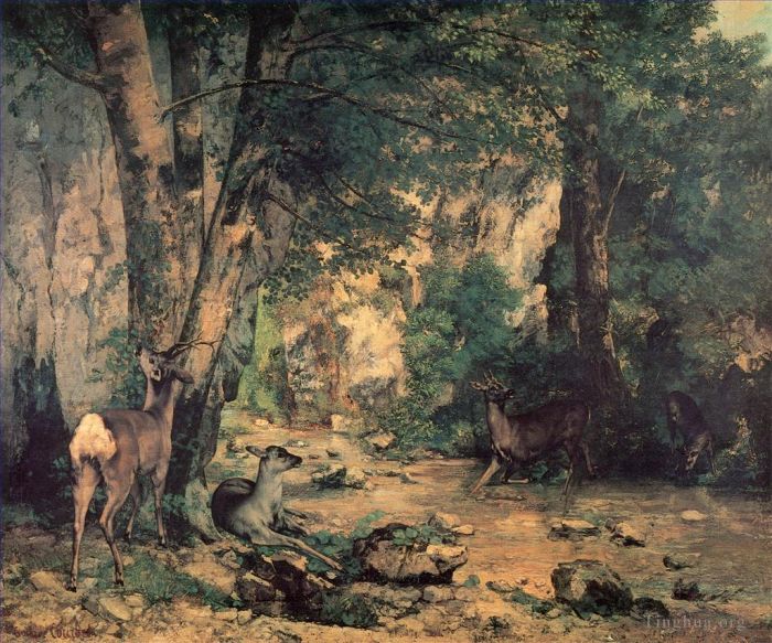 Gustave Courbet Oil Painting - A Thicket of Deer at the Stream of Plaisir Fountaine