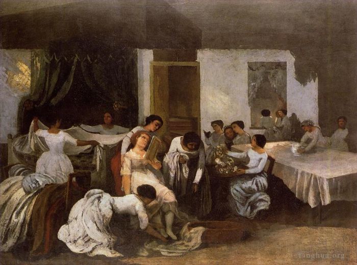 Gustave Courbet Oil Painting - Dressing the Dead Girl Dressing the Bride