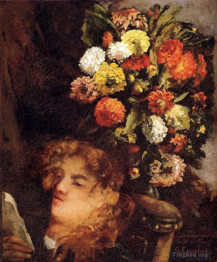 Gustave Courbet Oil Painting - Head Of A Woman With Flowers