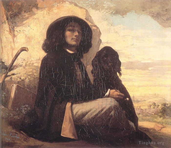 Gustave Courbet Oil Painting - Self Portrait Courbet with a Black Dog