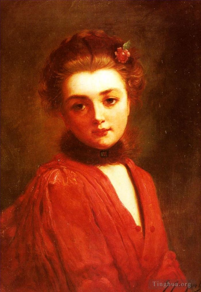 Gustave Jacquet Oil Painting - Portrait Of A Girl In A Red Dress lady