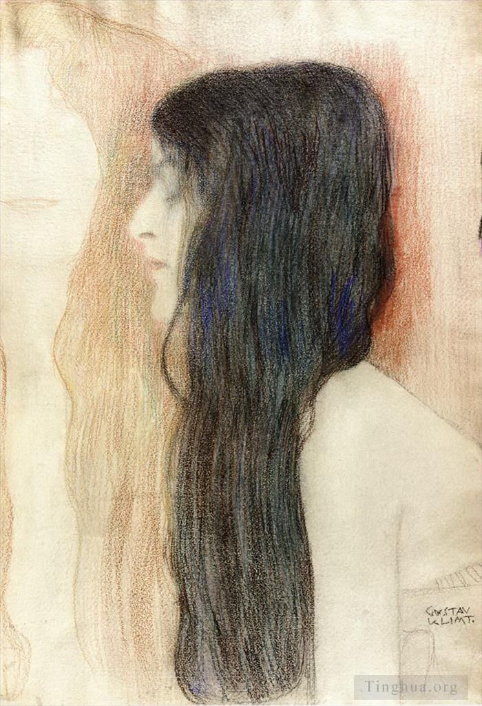 Gustave Klimt Oil Painting - Girl with Long Hair with a sketch for Nude Veritas