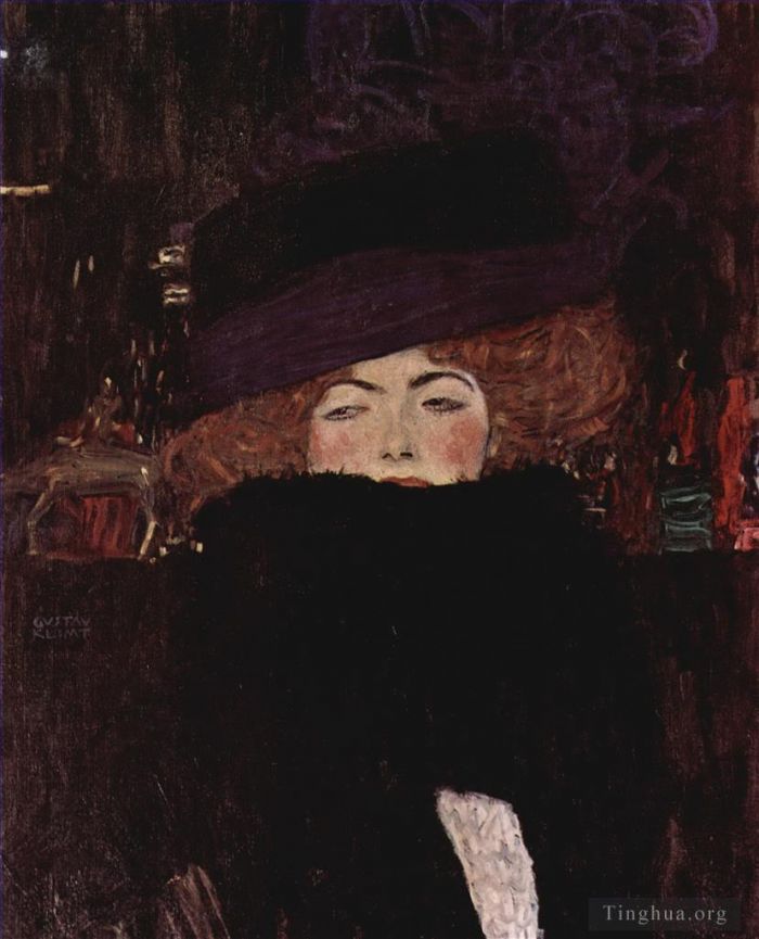Gustave Klimt Oil Painting - Lady with Hat and Featherboa