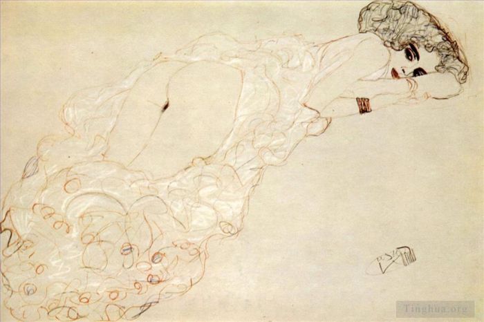 Gustave Klimt Oil Painting - Reclining Nude Lying on Her Stomach and Facing Right