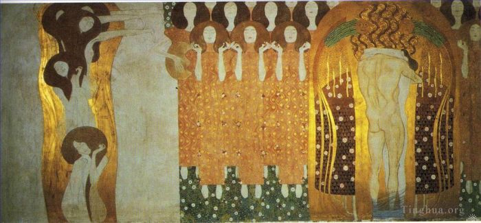 Gustave Klimt Oil Painting - The Beethoven Frieze The Longing for Happiness Finds Repose in Poetry