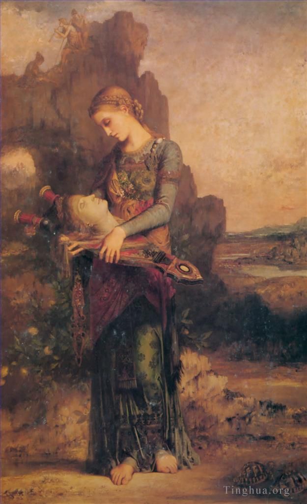 Gustave Moreau Oil Painting - Thracian girl carrying the head of Orpheus on his lyre 1865
