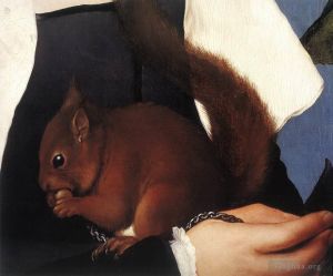 Artist Hans Holbein the Younger's Work - Portrait of a Lady with a Squirrel and a Starling detail 1