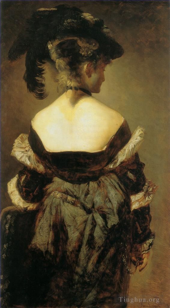 Hans Makart Oil Painting - Dame mit federhut in ruckenansicht