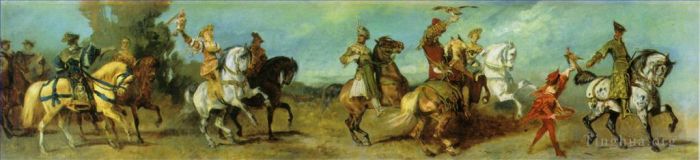 Hans Makart Oil Painting - Der jubilaumszug die falkenjagd