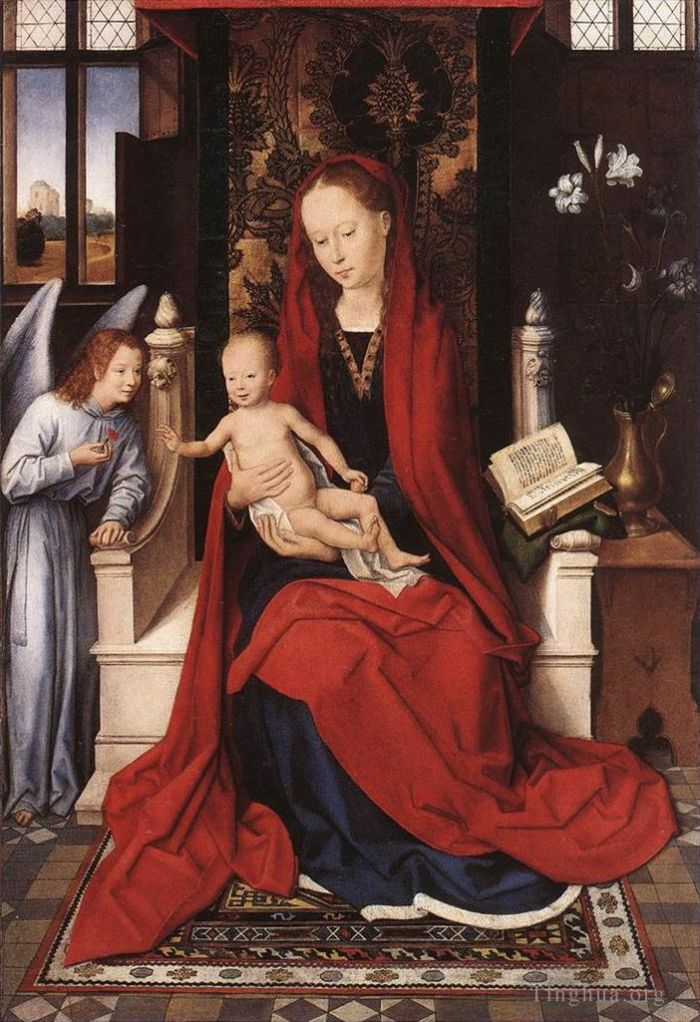 Hans Memling Oil Painting - Virgin Enthroned with Child and Angel 1480