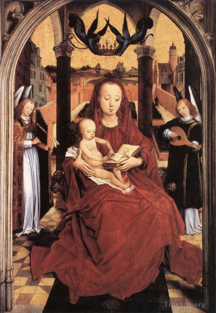 Hans Memling Oil Painting - Virgin and Child Enthroned with two Musical Angels