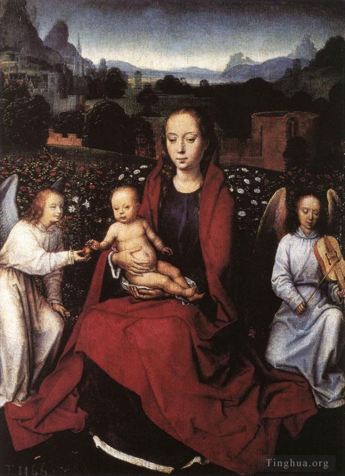 Hans Memling Oil Painting - Virgin and Child in a Rose Garden with Two Angels 1480s