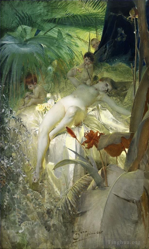 Hans Zatzka Oil Painting - Cupid and nude