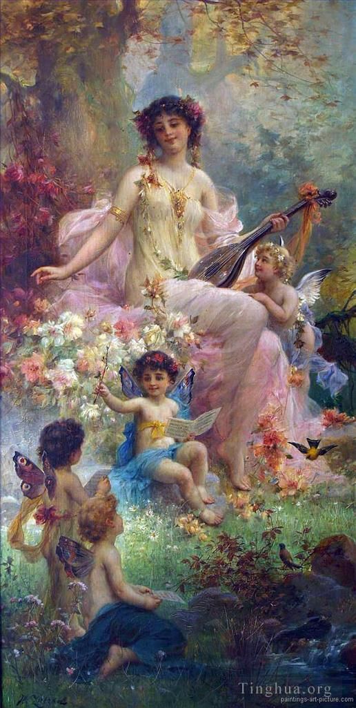 Hans Zatzka Oil Painting - Beauty playing guitar and floral angels