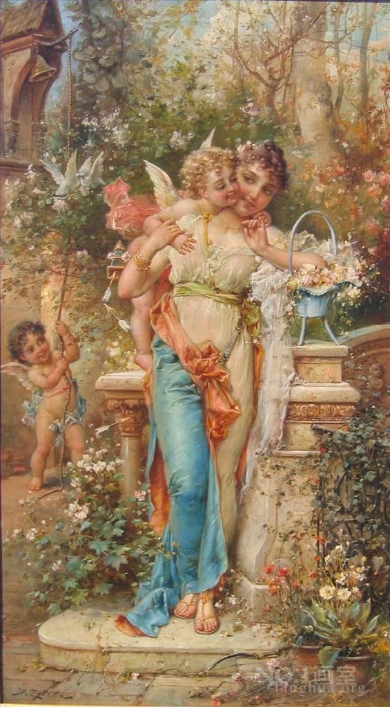 Hans Zatzka Oil Painting - Floral angel and beauty
