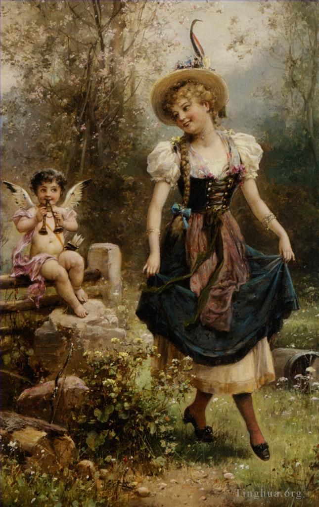 Hans Zatzka Oil Painting - Floral angel and dancing girl