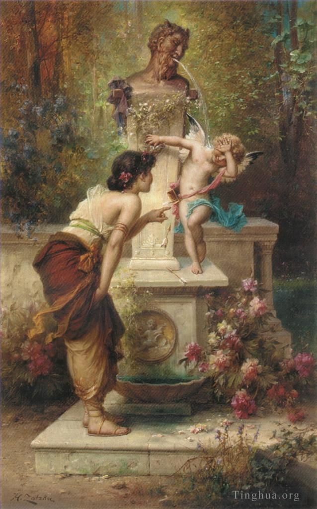 Hans Zatzka Oil Painting - Floral angel and girl playing
