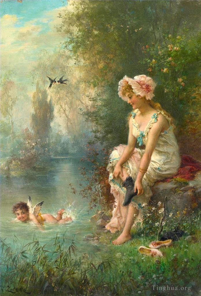 Hans Zatzka Oil Painting - Floral angel and girl
