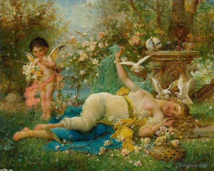 Hans Zatzka Oil Painting - Floral angel and nude