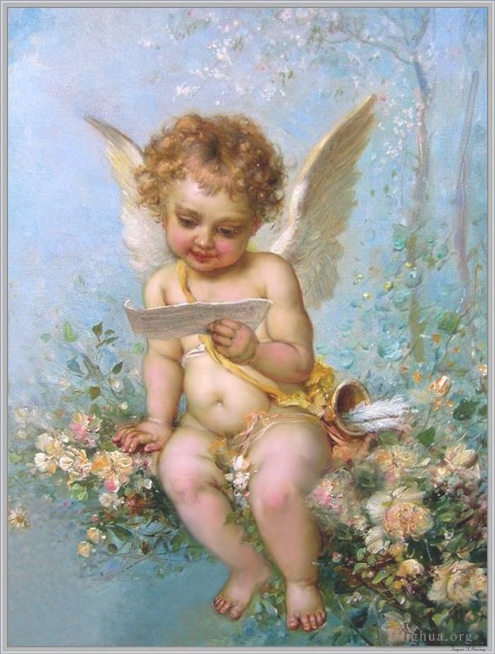 Hans Zatzka Oil Painting - Floral angel reading a letter