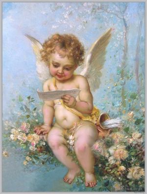 Artist Hans Zatzka's Work - Floral angel reading a letter