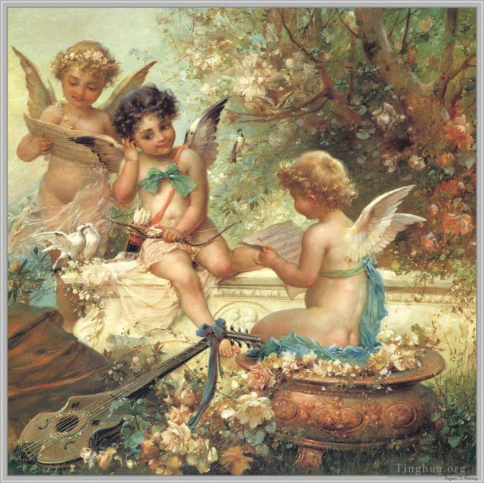 Hans Zatzka Oil Painting - Floral angels and guitar