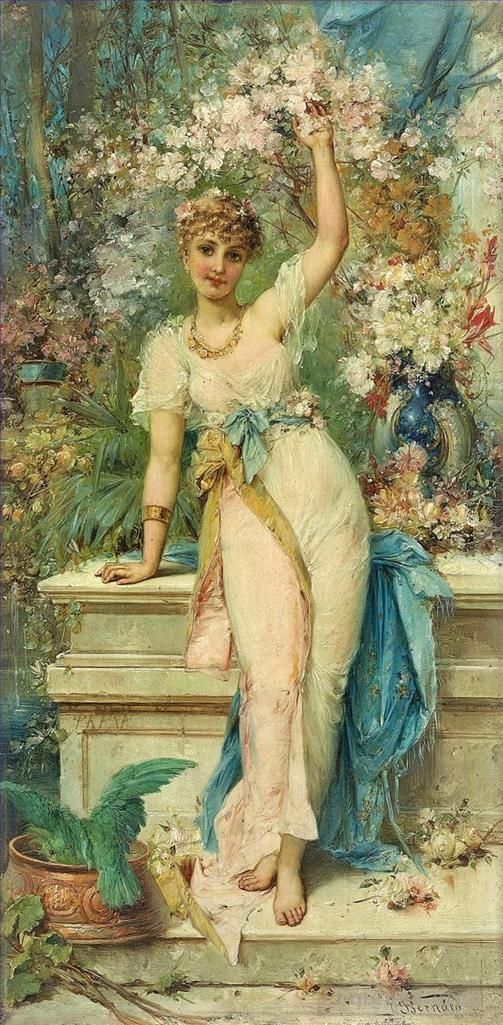 Hans Zatzka Oil Painting - Floral girl standing