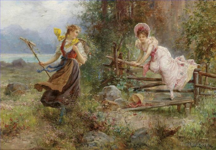 Hans Zatzka Oil Painting - Floral girls countryside