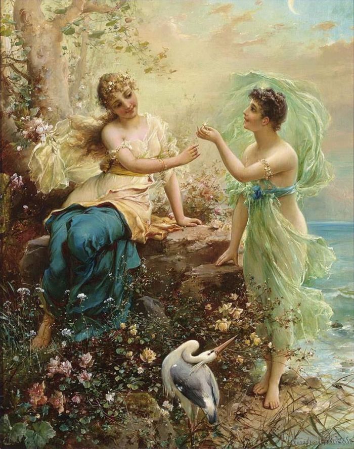 Hans Zatzka Oil Painting - Floral girls with a bird
