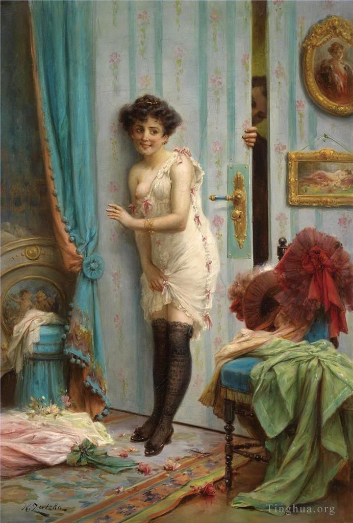 Hans Zatzka Oil Painting - Girl behind the door