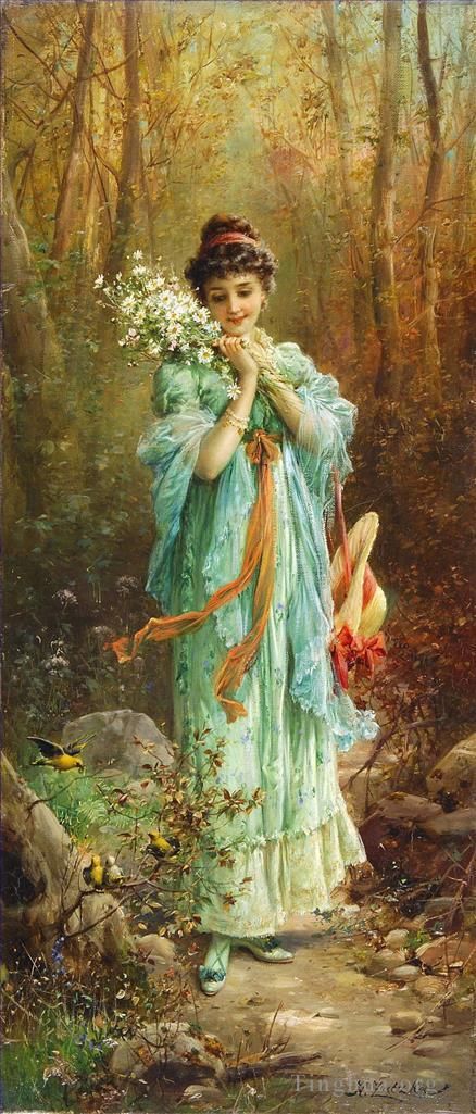 Hans Zatzka Oil Painting - Girl with flowers and birds
