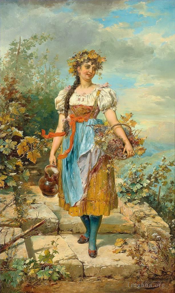 Hans Zatzka Oil Painting - Girl with grape basket