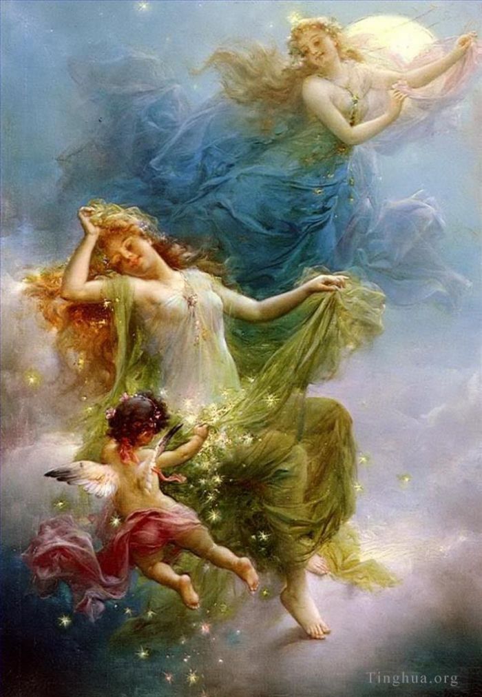 Hans Zatzka Oil Painting - Girls and angel In The Night Sky