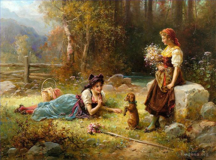 Hans Zatzka Oil Painting - Girls playing with a dog