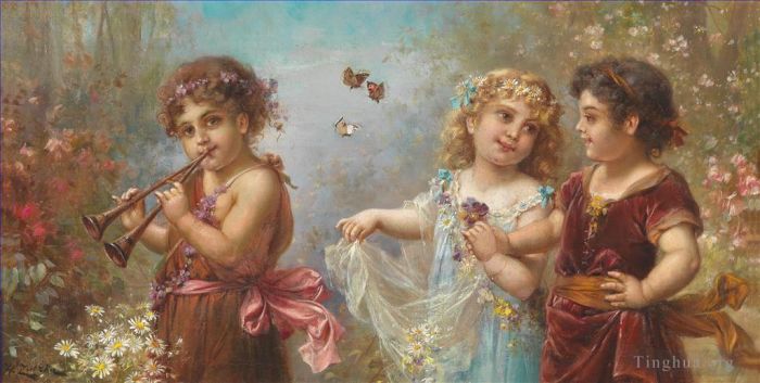Hans Zatzka Oil Painting - Kids and butterflies in music