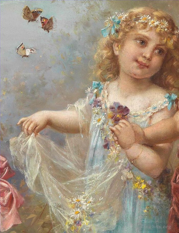Hans Zatzka Oil Painting - Little girl and butterfly