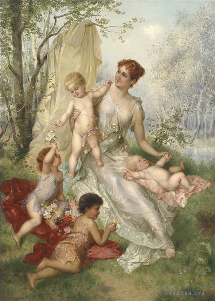 Hans Zatzka Oil Painting - Woman and kids