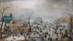 Artist Hendrick Avercamp's Work - A Scene On The Ice Near A Town winter landscape