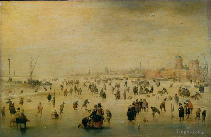 Hendrick Avercamp Oil Painting - Skaters winter landscape